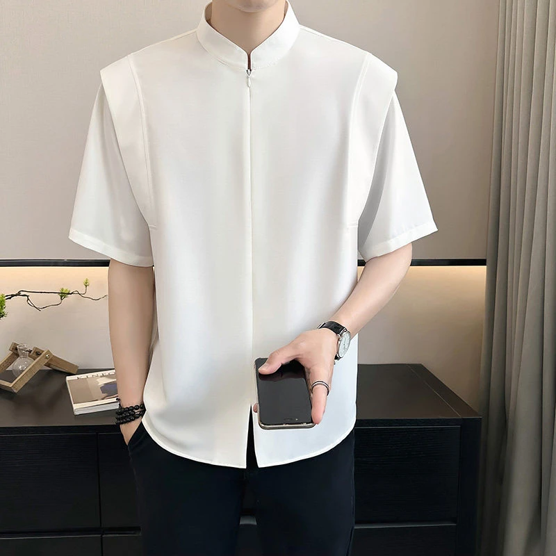 夏季立领假两件新中式短袖衬衫男潮流帅气百搭五分袖休闲衬衣275