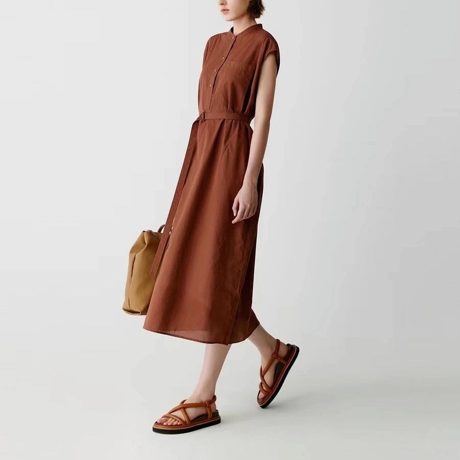 【Rumi女装】雅韵 桑蚕丝衬衫式无袖条纹系带中长款连衣裙5007ql