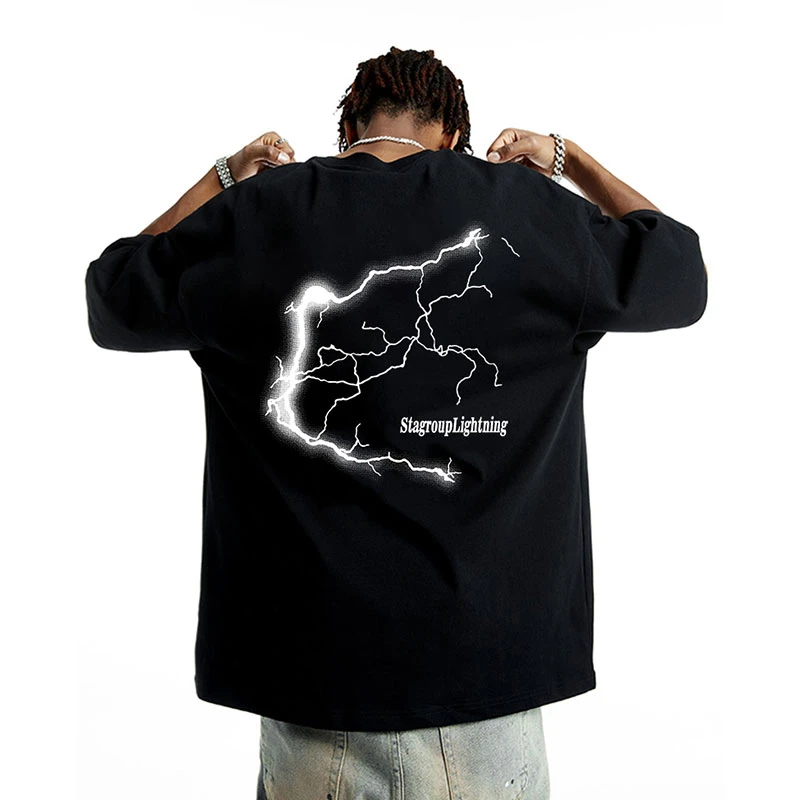 STA. SRXRMD潮牌复古闪电印花短袖T恤男美式夏季宽松重磅休闲上衣