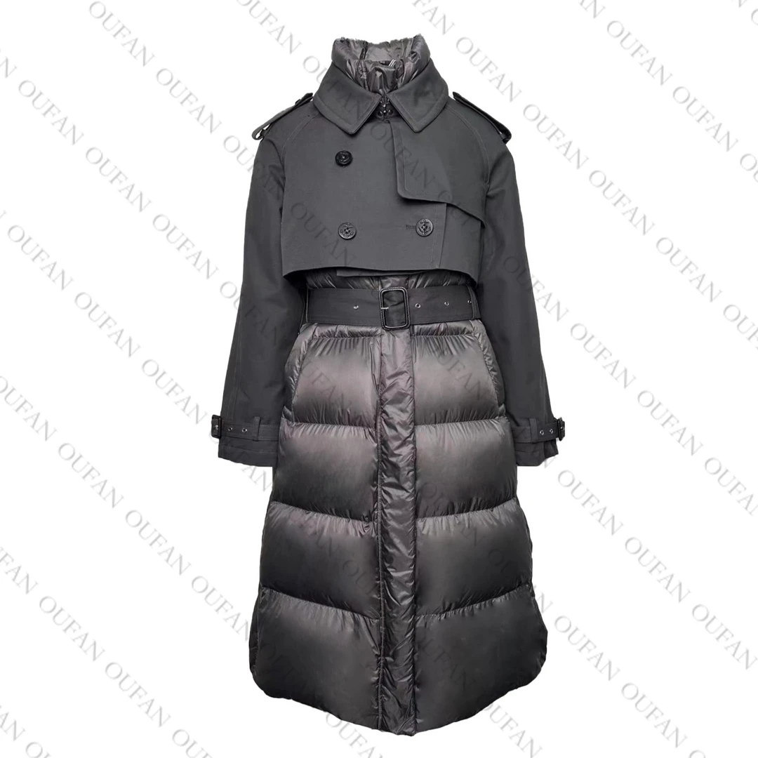 【OUFAN服饰】2361时尚通勤假两件风衣拼接腰带中长款羽绒服外套