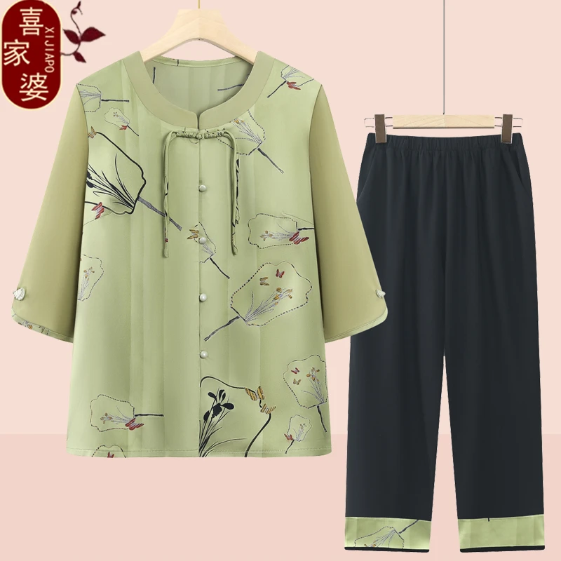 中老年人套装短袖妈妈装2023夏季新款宽松洋气显瘦遮肉九分裤夏装