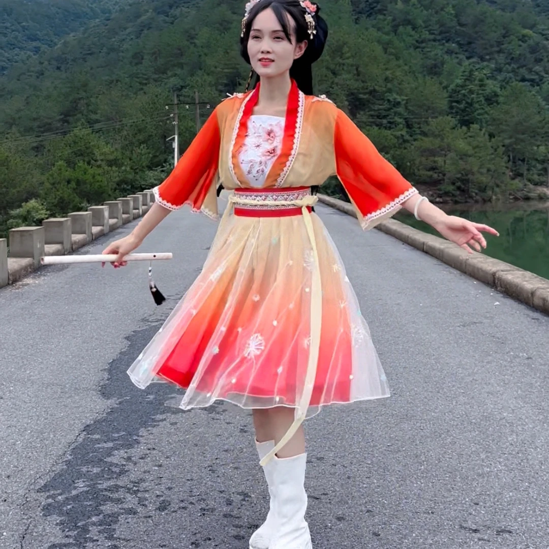 红黄色渐变色短裙日常古风仙女服