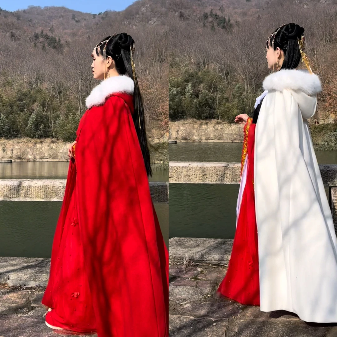 秋冬季古风汉服素色带帽斗篷披风