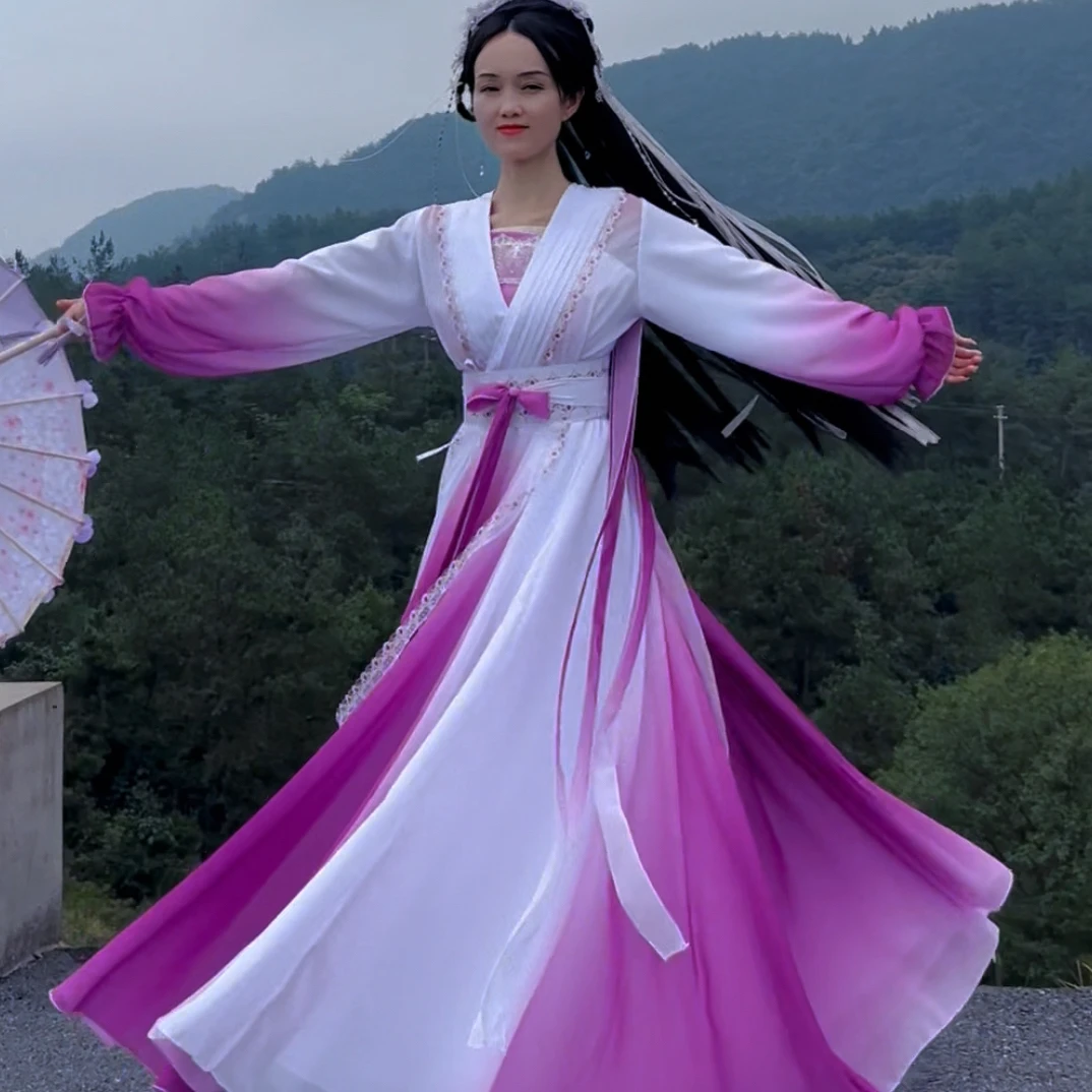 紫色渐变小袖日常中国风影视服装