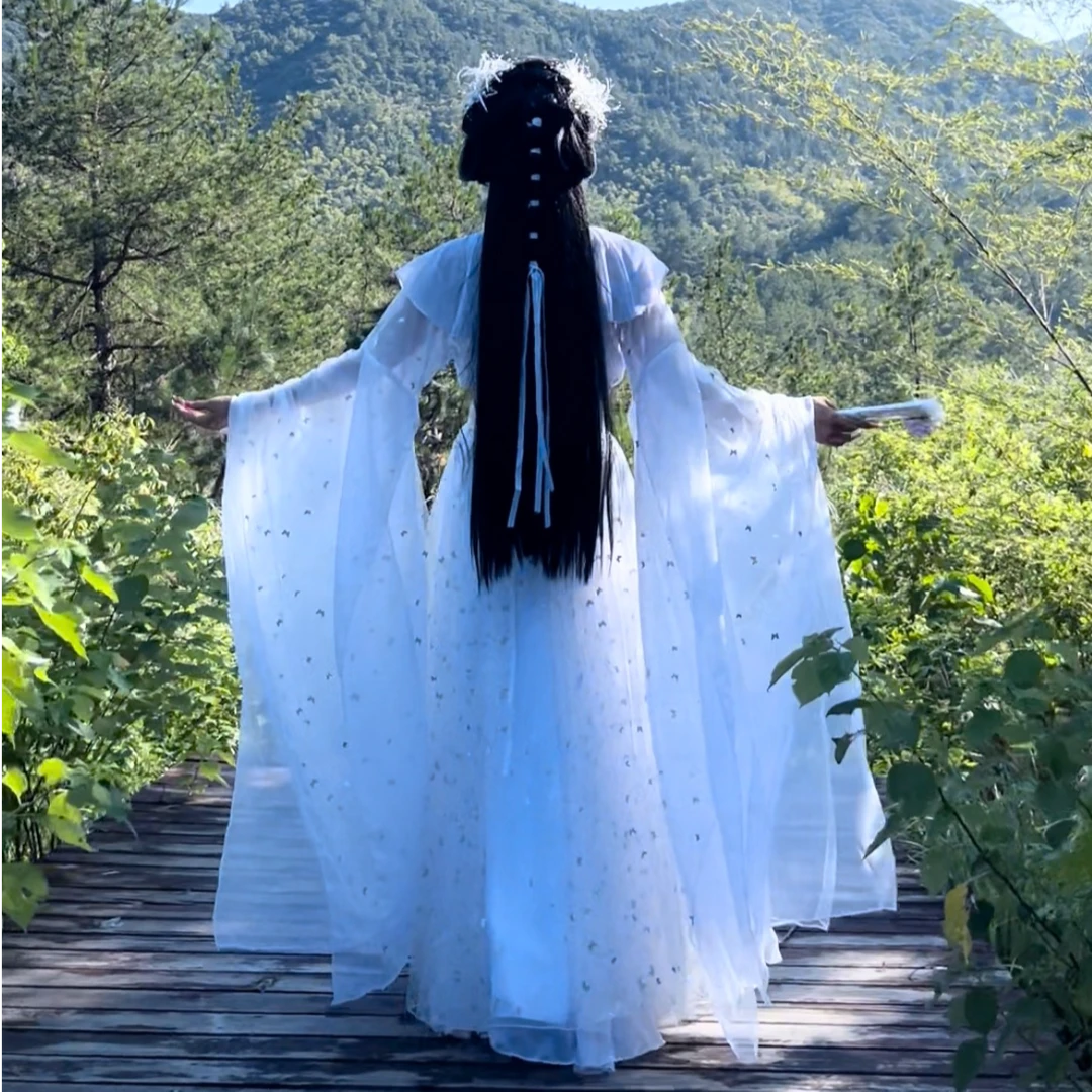 白色细闪蝴蝶亮纱大袖古风仙侠仙女服