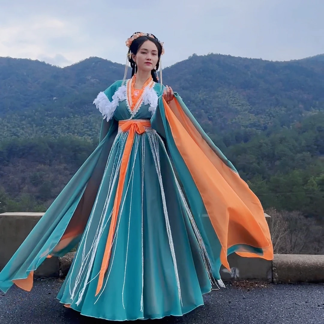 橙绿色羽毛大袖仙侠中国风影视服装