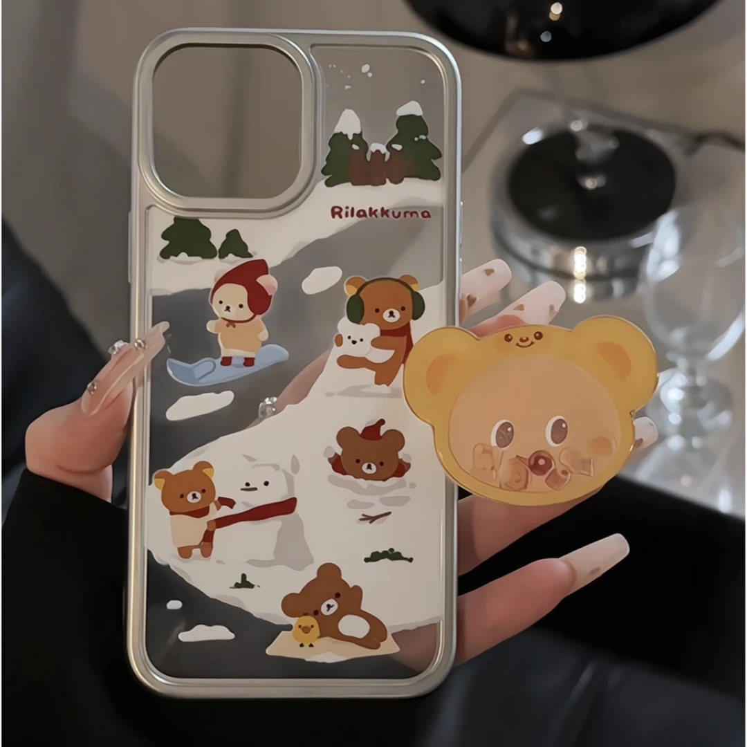 适用苹果iPhone16pro手机壳15电镀银框mate防摔雪地轻松熊华为p70