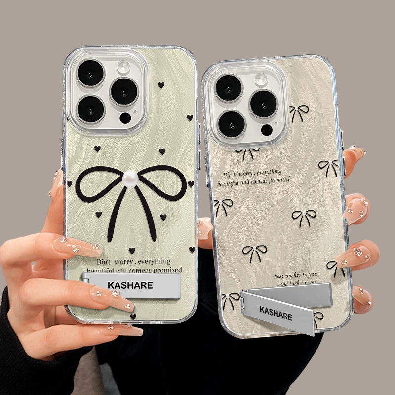 适用苹果14全包iPhone手机壳华为mate支架IMD羽纱满屏珍珠蝴蝶结
