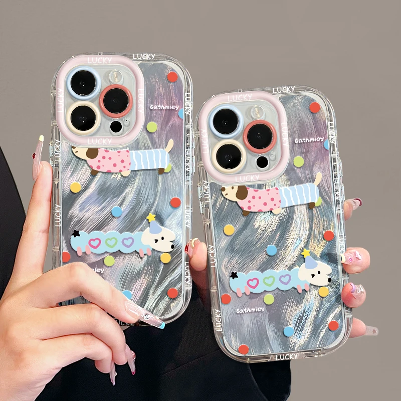 适用苹果15简约iPhone14手机壳13华为奶油羽纱壳Xs创意女腊肠小狗