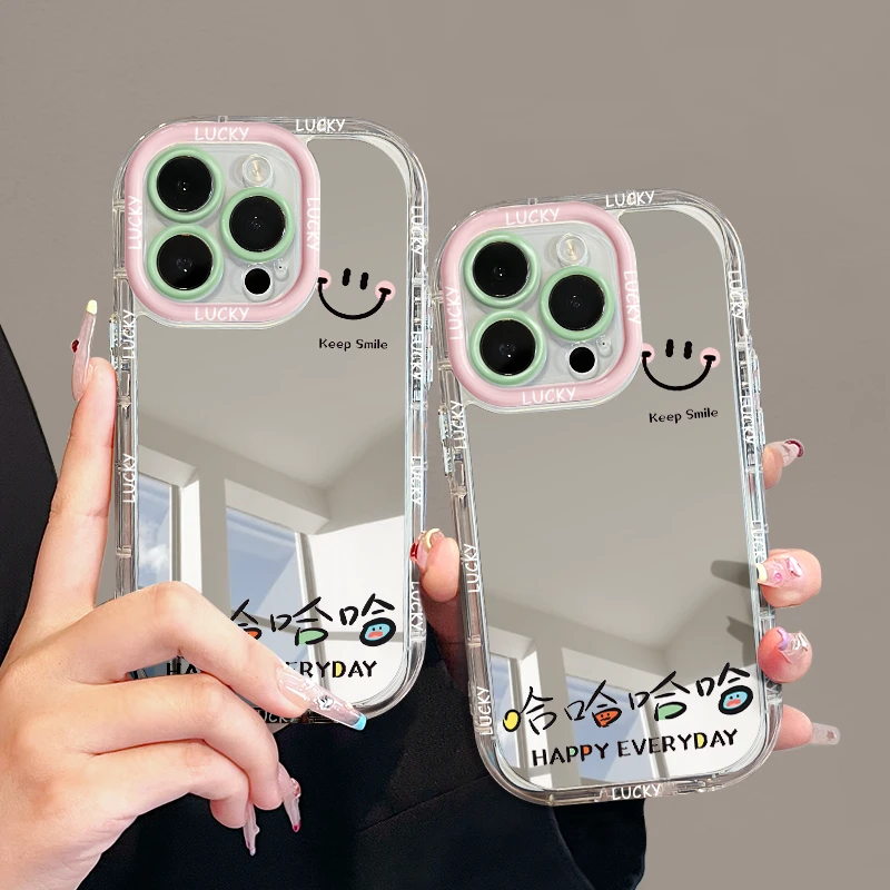 适用苹果14镜面iPhone15pro手机壳13华为p60哈哈线条笑脸oppo防摔