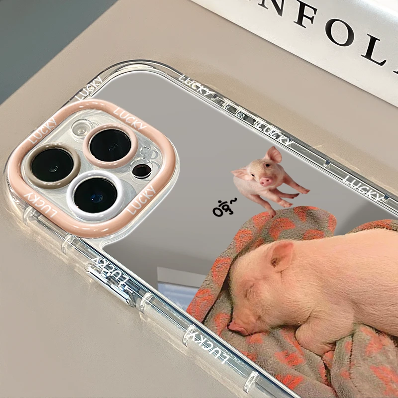 适用苹果15镜面iPhone14手机壳13/12华为睡觉小猪vivoOPPO保护套