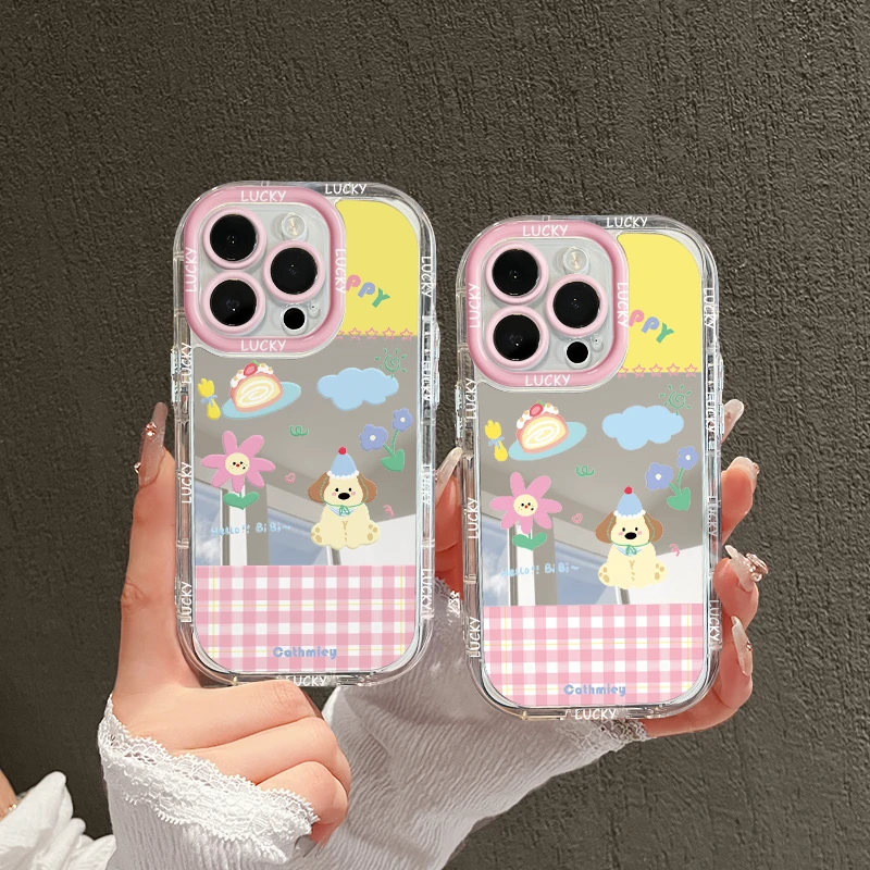 适用苹果镜面iPhone15pro手机壳14华为p70格纹底幸运小狗vivo创意