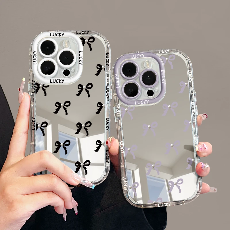 适用苹果15潮流iPhone14手机壳13华为xs镜面奶油nova珍珠黑蝴蝶结