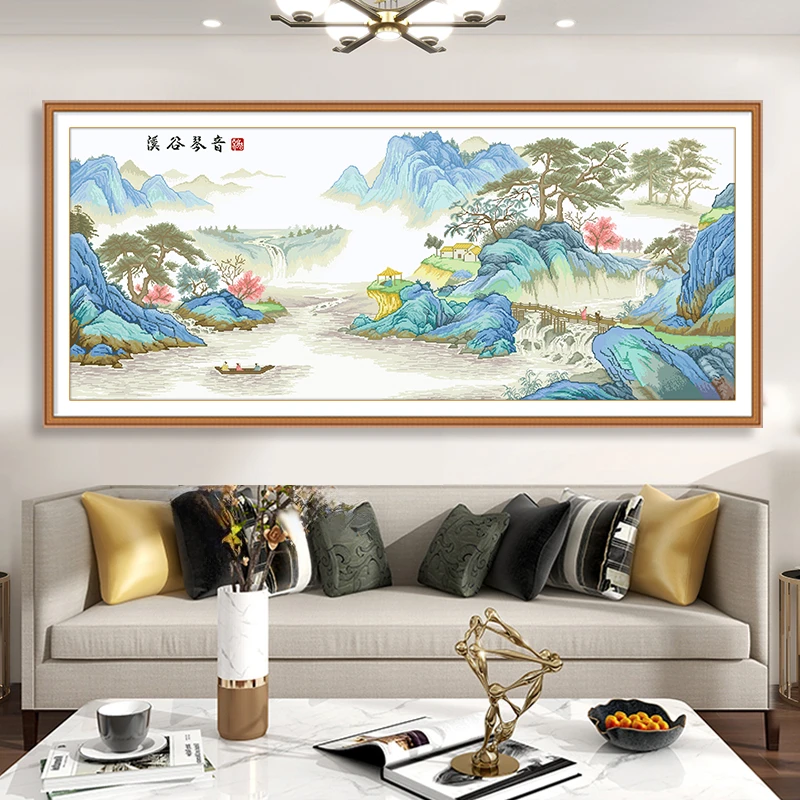芊虹秀溪谷琴音十字绣2025新款高端客厅大气山水风景古风手工刺绣
