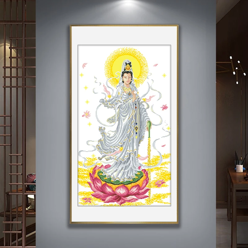 芊虹秀观音十字绣线绣新款客厅南海滴水观音像卧室玄关手工刺绣