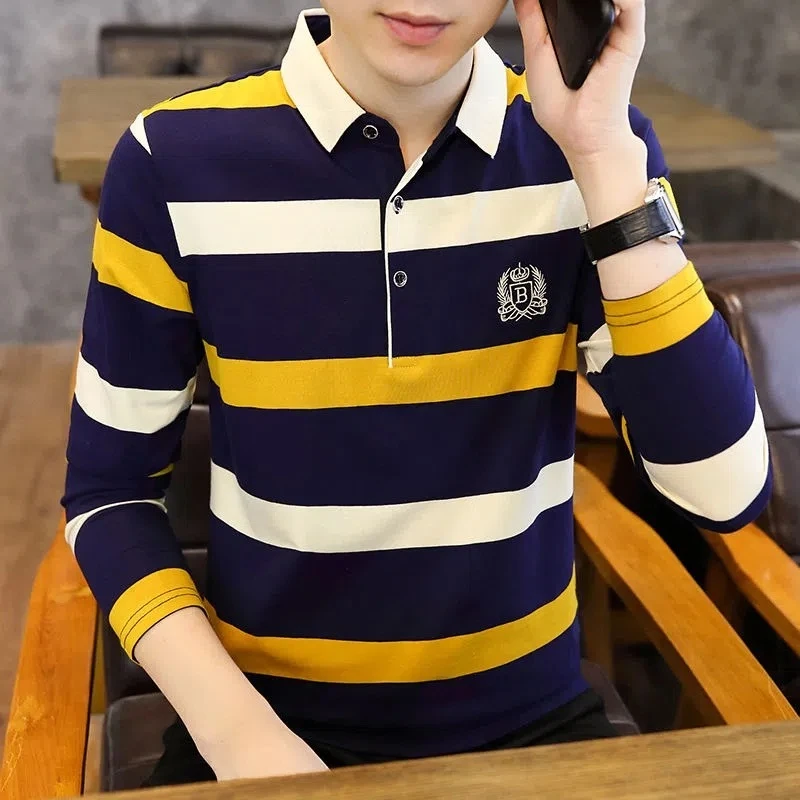 POLO衫男士长袖条纹春秋2024新款保罗衫修身刺绣商务翻领t恤防晒