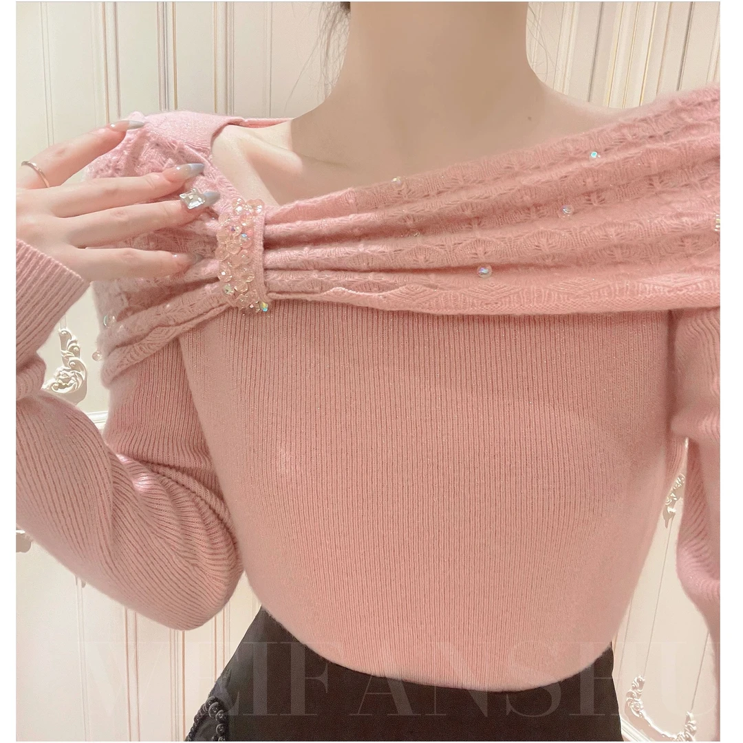 WEIFANSHU/魏凡舒【声声乌龙】毛衣斜肩长袖修身洋气毛轻奢女装秋