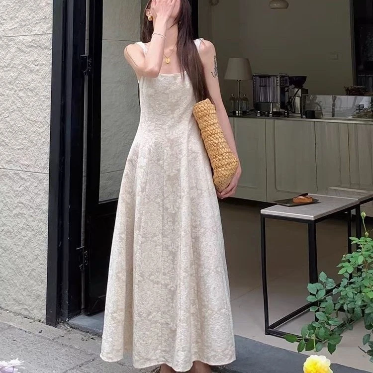 宽隆专属，麻感提花轻礼服连衣裙中长款夏季吊带裙蕾丝长裙裙子