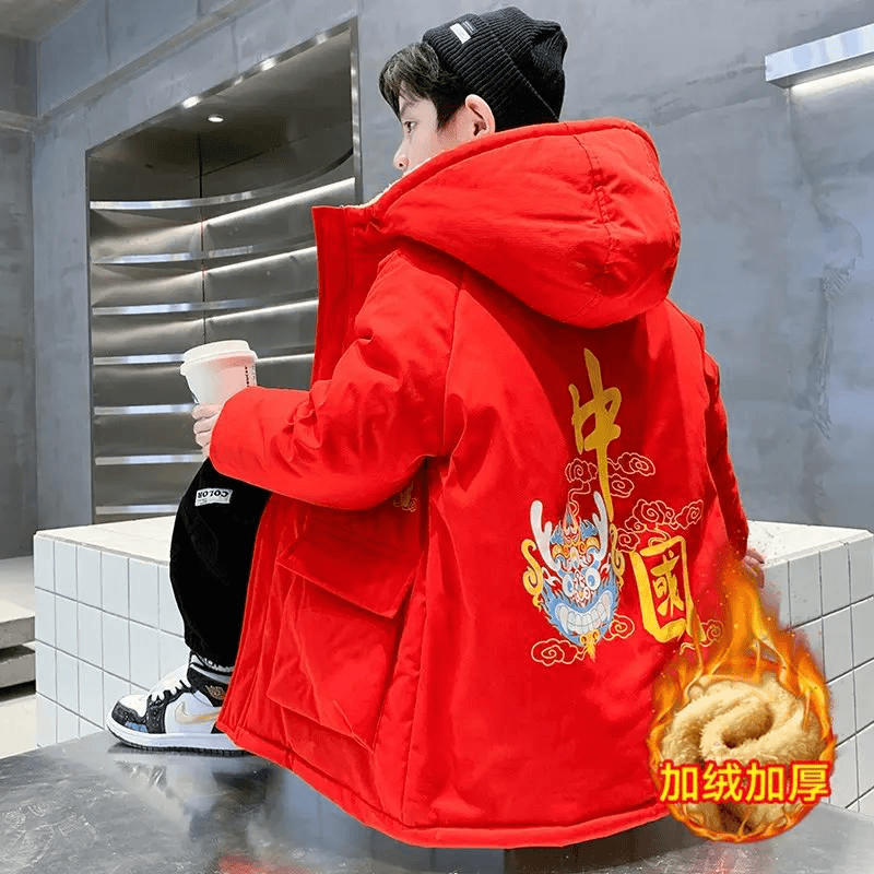 男童秋冬装加绒棉衣外套2023新款中大儿童男孩冬款红色年服派克服