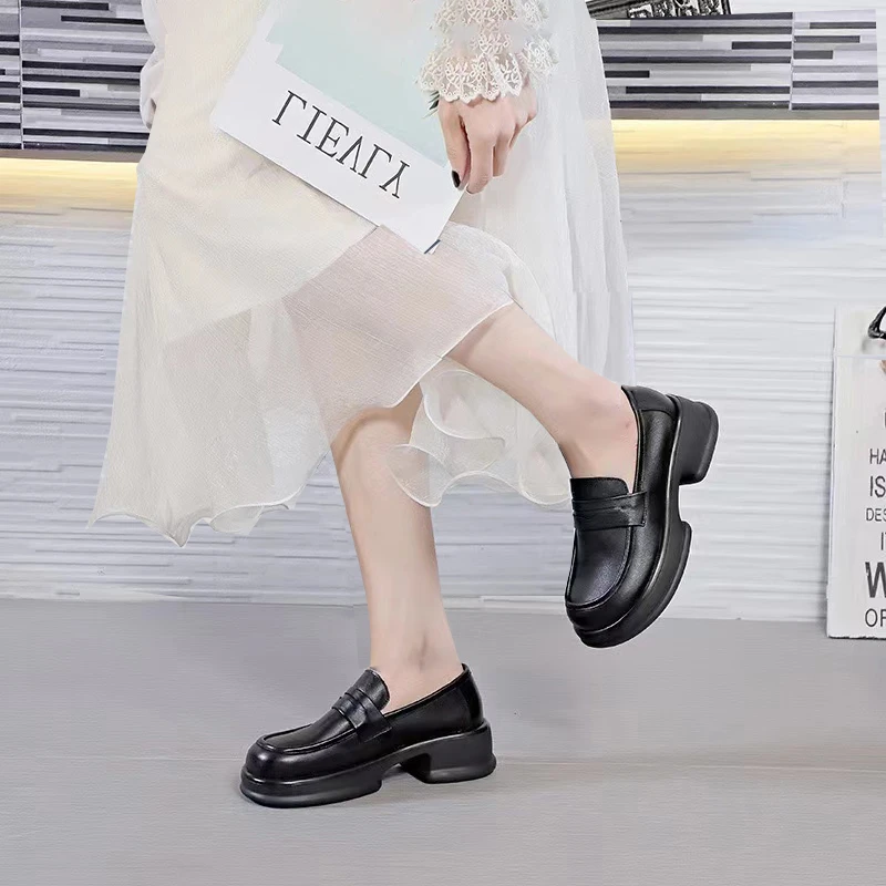 新款头层牛皮时尚百搭全真皮英伦风厚底舒适透气防滑耐磨乐福鞋