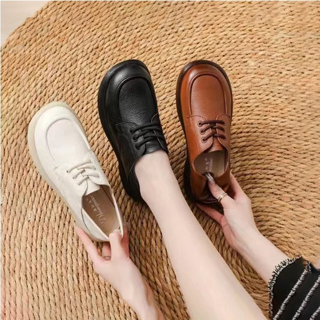 新款头层牛皮时尚休闲百搭真皮英伦风透气厚底乐福绑带小皮鞋