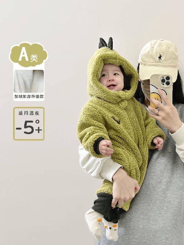 巴拉超萌婴儿服冬款加绒连体衣羊羔绒宝宝保暖爬服可爱冬天外出男
