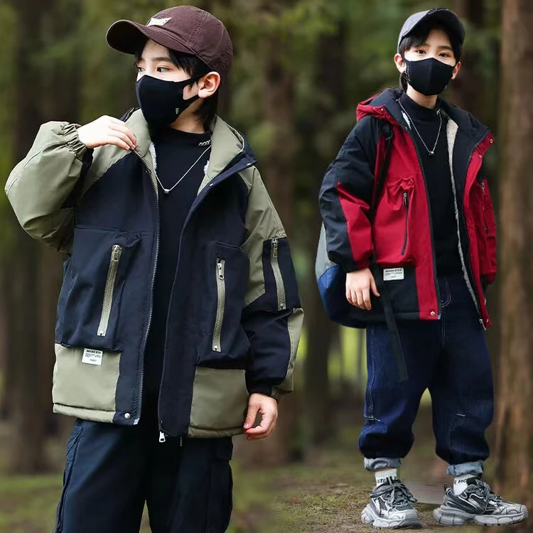 2023年冬季派克服冲锋衣加厚加毛男女童韩版气派保暖连帽拼色外套