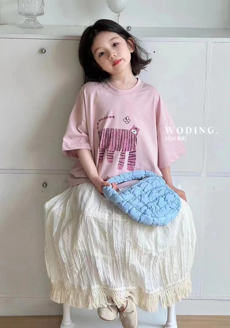 2024夏季女大童老虎印花短袖T恤宽松韩版T