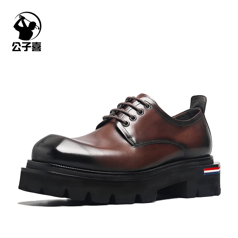 公子喜【印象派】轻便厚底增高5.5cm胎牛皮男士商务休闲方头德比鞋