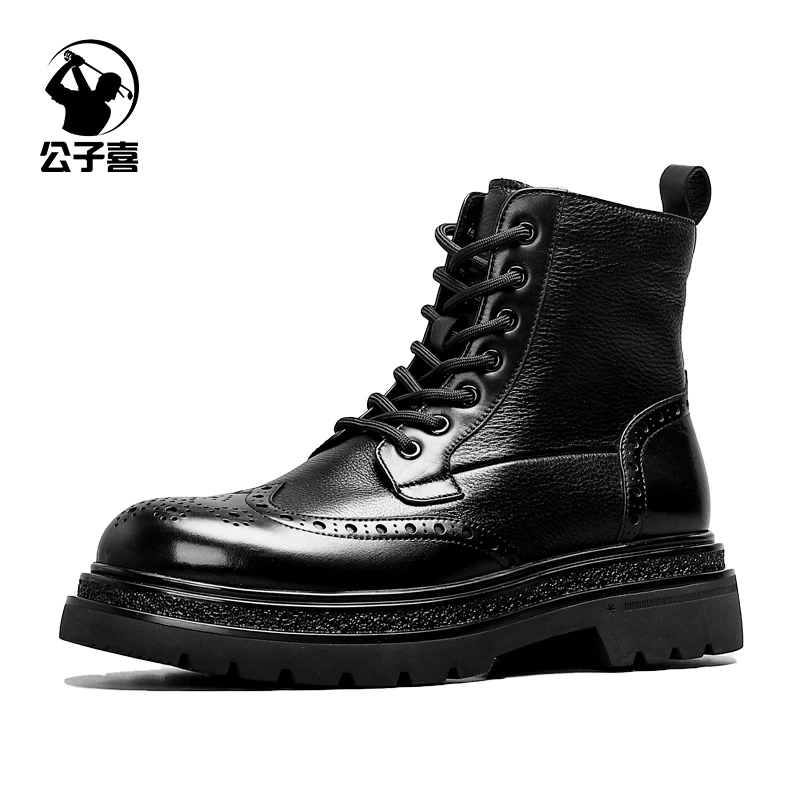 公子喜【手工艺术】软底全牛皮布洛克雕花男靴英伦高帮马丁靴