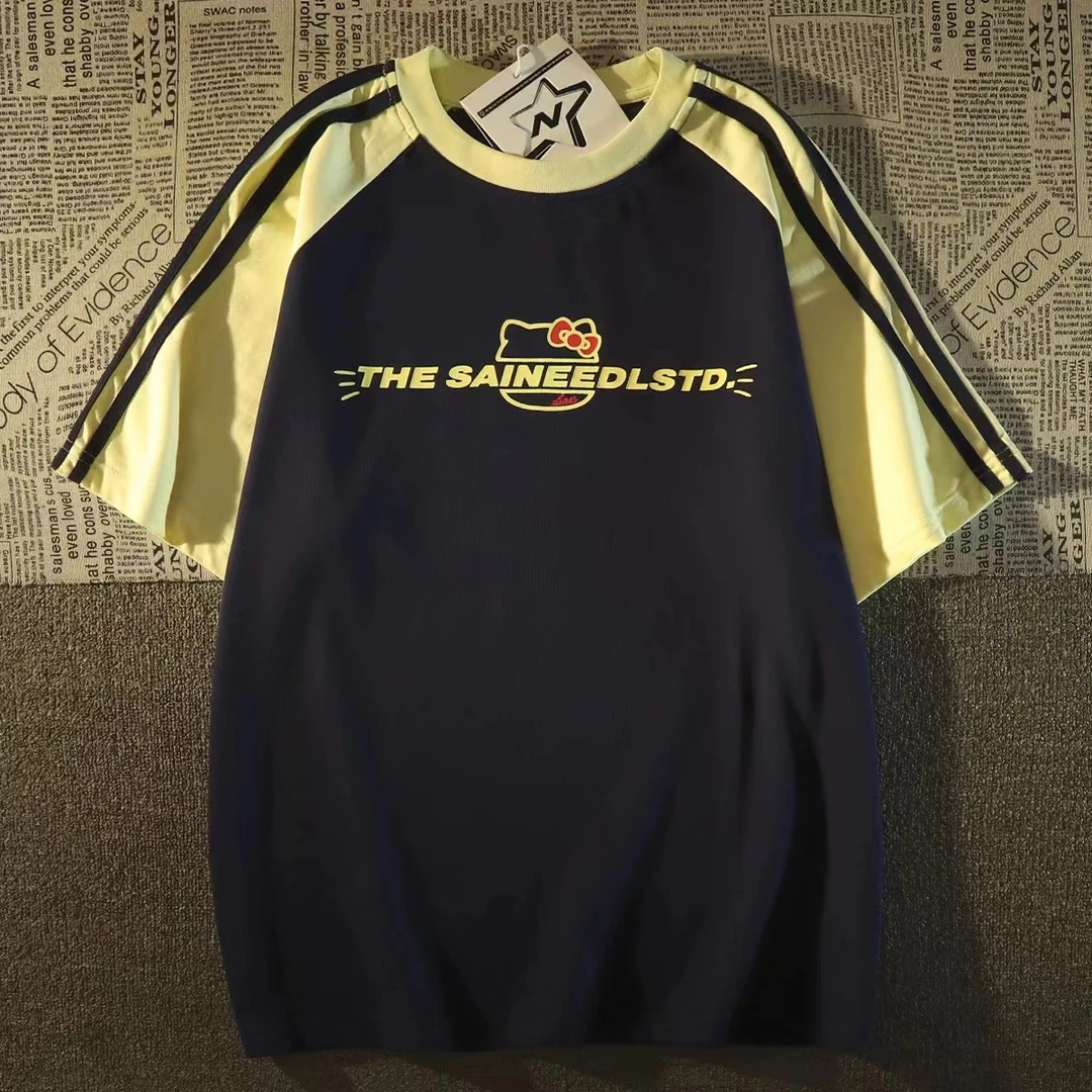 新款夏季纯棉重磅短袖T恤女ins美式慵懒风插肩袖三条杠宽松上衣潮