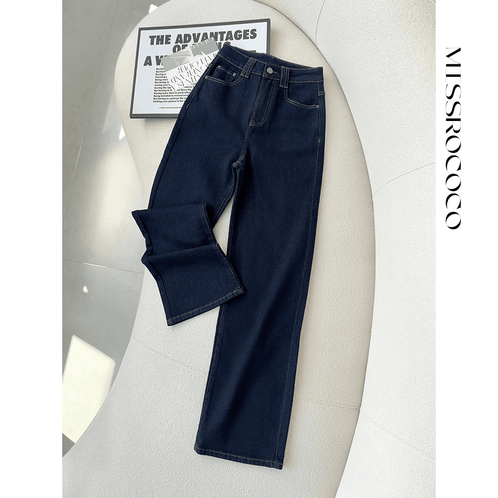 missrococo/洛可可小姐丹宁蓝早秋新款高腰显瘦窄版直筒牛仔裤女