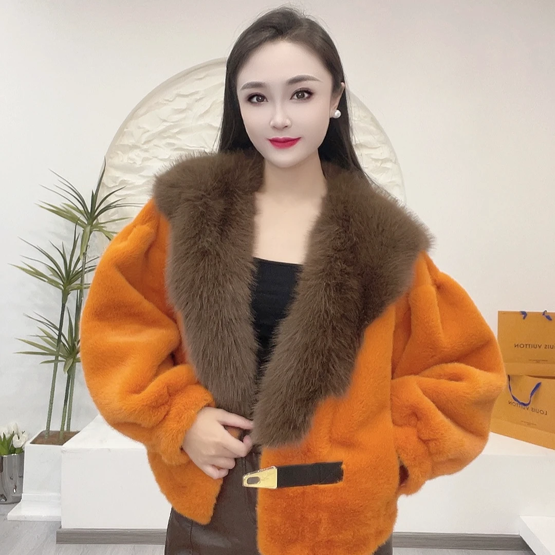 披肩豹纹拼接时尚秋冬显瘦韩版网红加厚设计师气质女士毛毛短外套