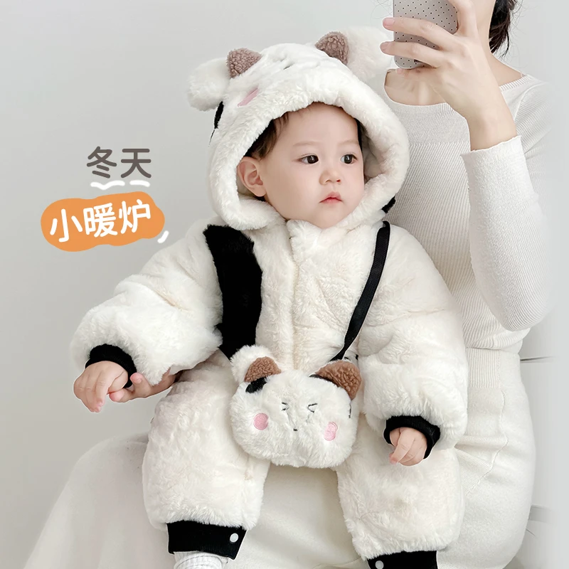 宝宝棉服冬季加绒加厚超萌小月龄外出服奶牛服可爱宝宝熊猫连体衣