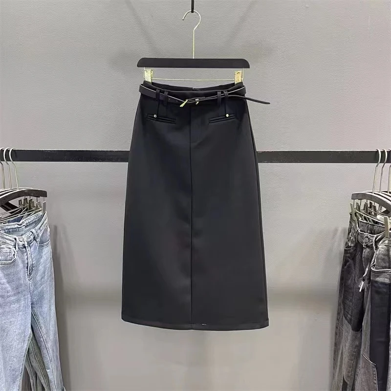 68896#灰色直筒半身裙女2024秋季新款高腰显瘦中长款包臀裙