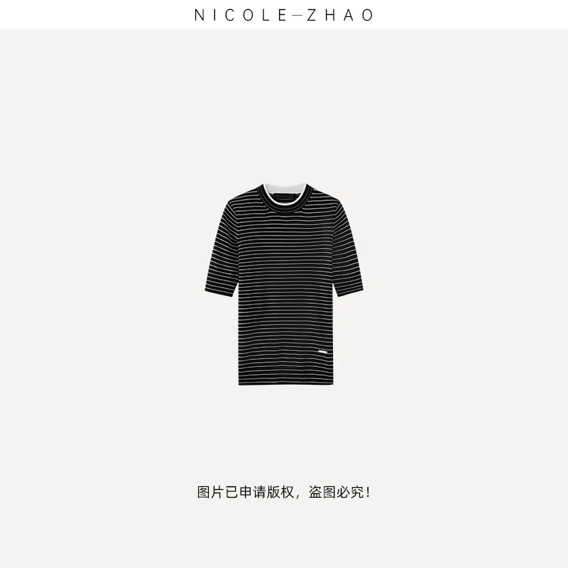 Y20003【贵姐NICOLE】设计师款意大利进口LP高端条纹圆领短袖毛衣