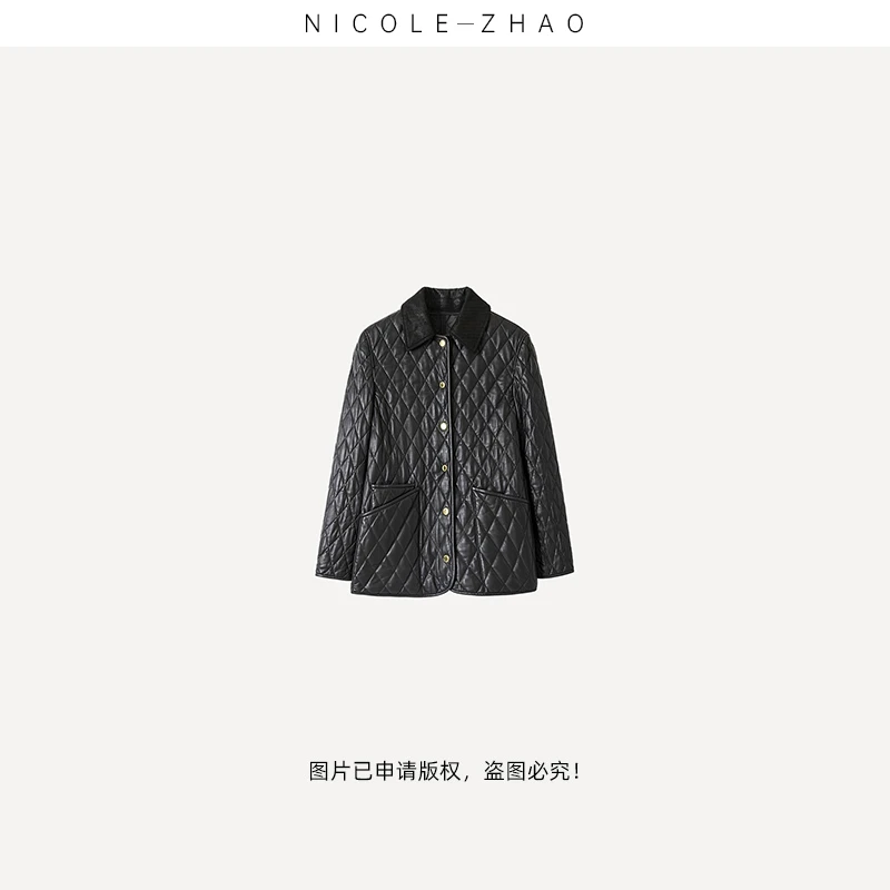 NZ22193【贵姐NICOLE】高级感气质修身百搭绵羊皮翻领菱格外套女装