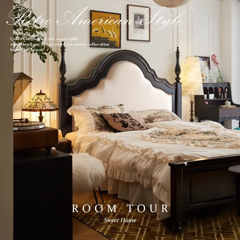 法式复古中古风实木婚床1.8米黑色美式乡村软包主卧床现代公主床