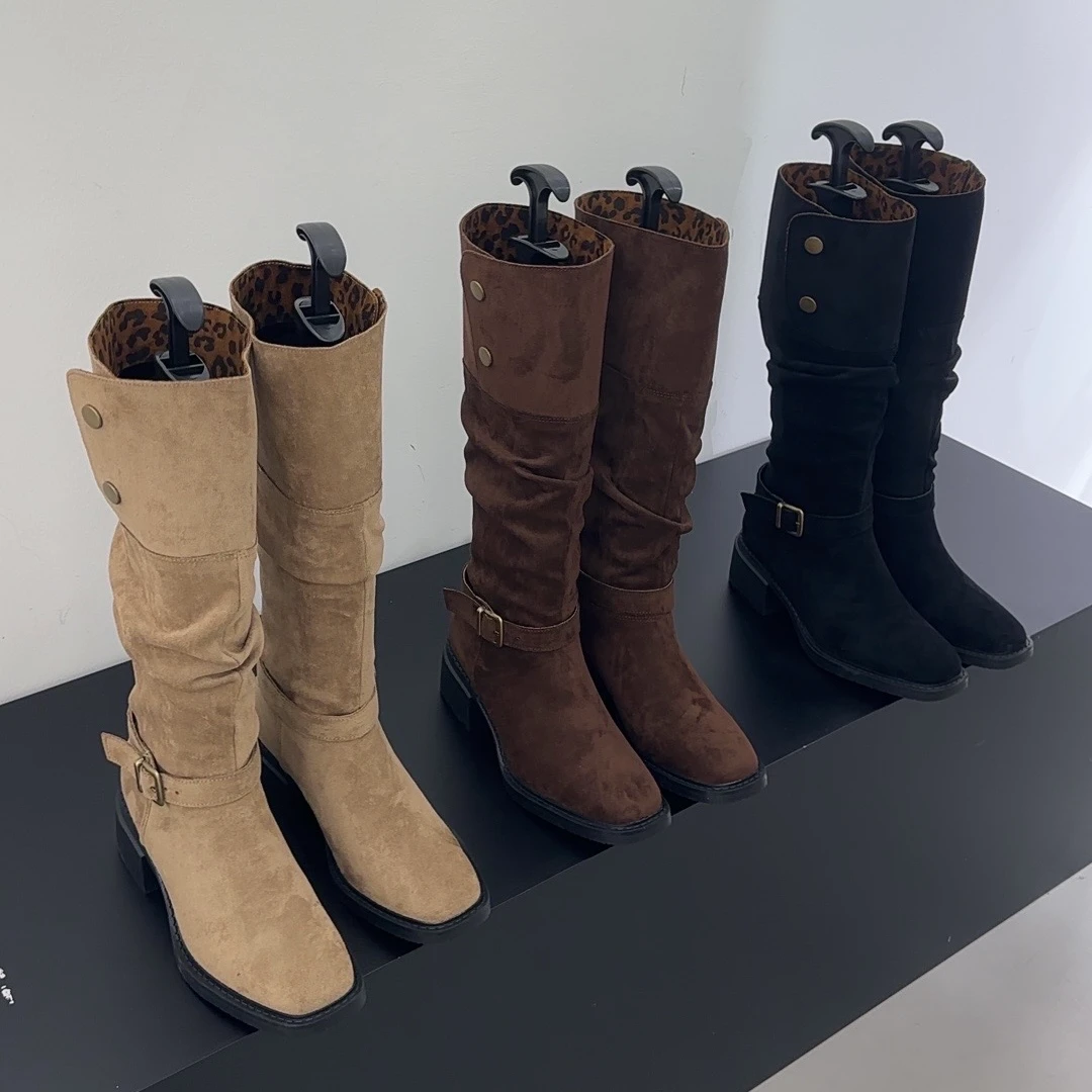秋冬美拉德翻折两穿不过膝靴子豹纹长筒靴女粗跟长靴皮带扣堆堆靴