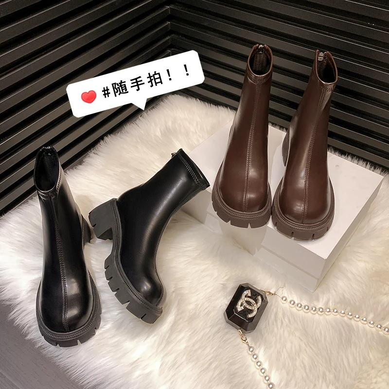 小个子瘦瘦靴子女厚底切尔西短靴女秋冬2023新款百搭后拉链马丁靴