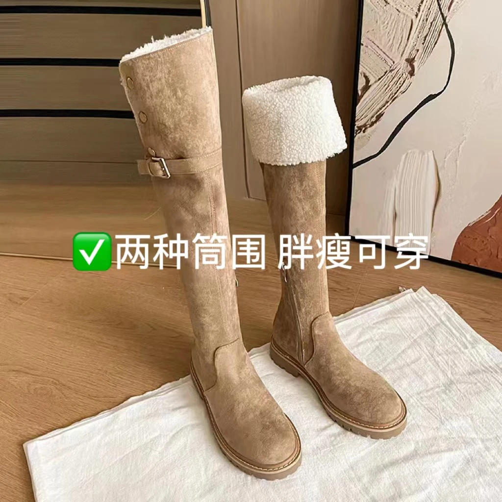 胖瘦可穿！显瘦过膝靴女冬季加绒雪地靴羊羔毛两穿翻折加宽筒长靴