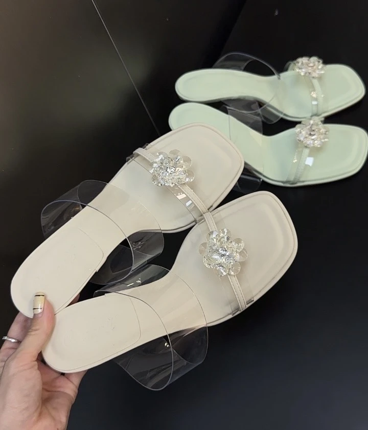 西西自制【山茶花】甜美细跟一字带透明凉鞋高跟花朵凉拖鞋外穿