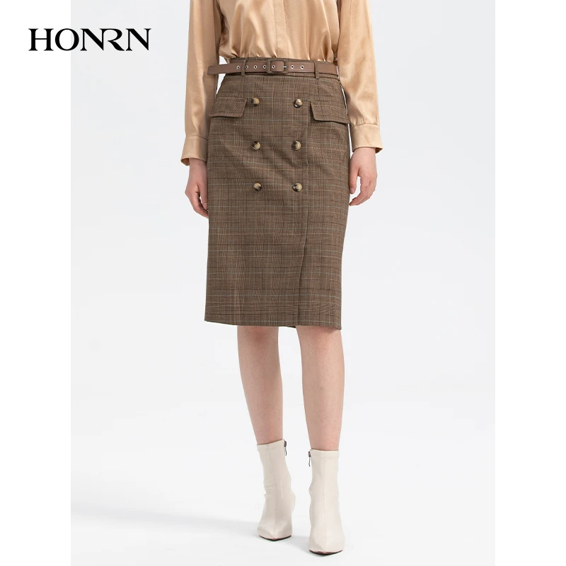 HONRN/红人气质高腰包臀千鸟格显瘦裙子中长半身裙秋季HH33OQ506