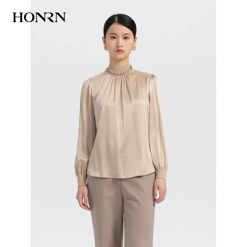 HONRN/红人桑蚕丝真丝打底长袖小众圆领衬衣女上衣秋季HH33SY085