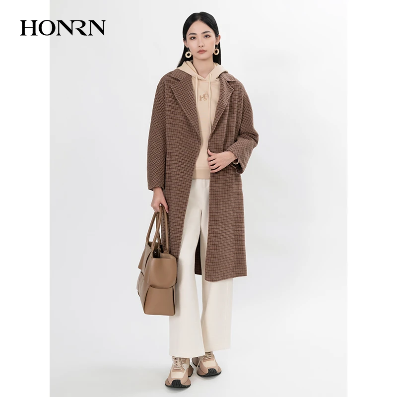 HONRN/红人气质格纹双面山羊绒羊毛呢子大衣外套女秋冬HG55OD068
