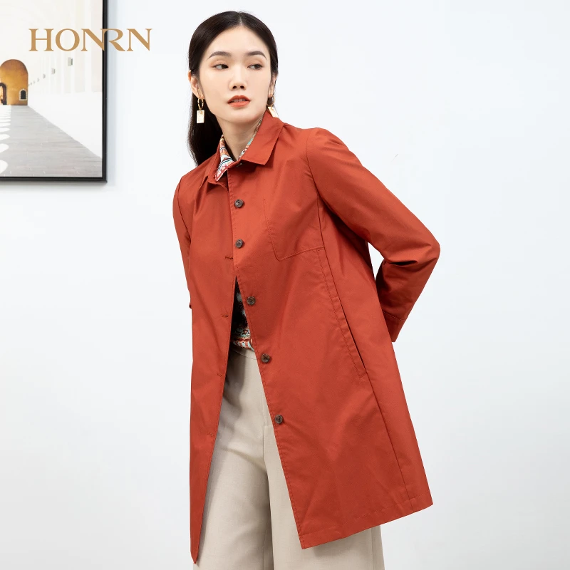 HONRN红人/休闲时尚橘色衬衣领修身长袖风衣外套女装HG33OF400