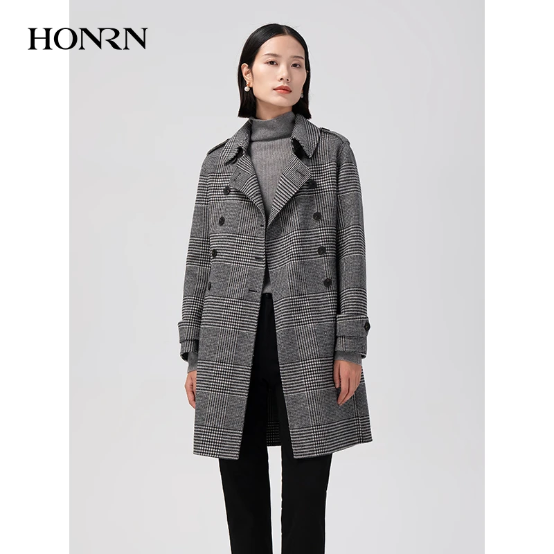 HONRN/红人中长款系带收腰格子格纹羊毛大衣外套女秋冬HG55OD895