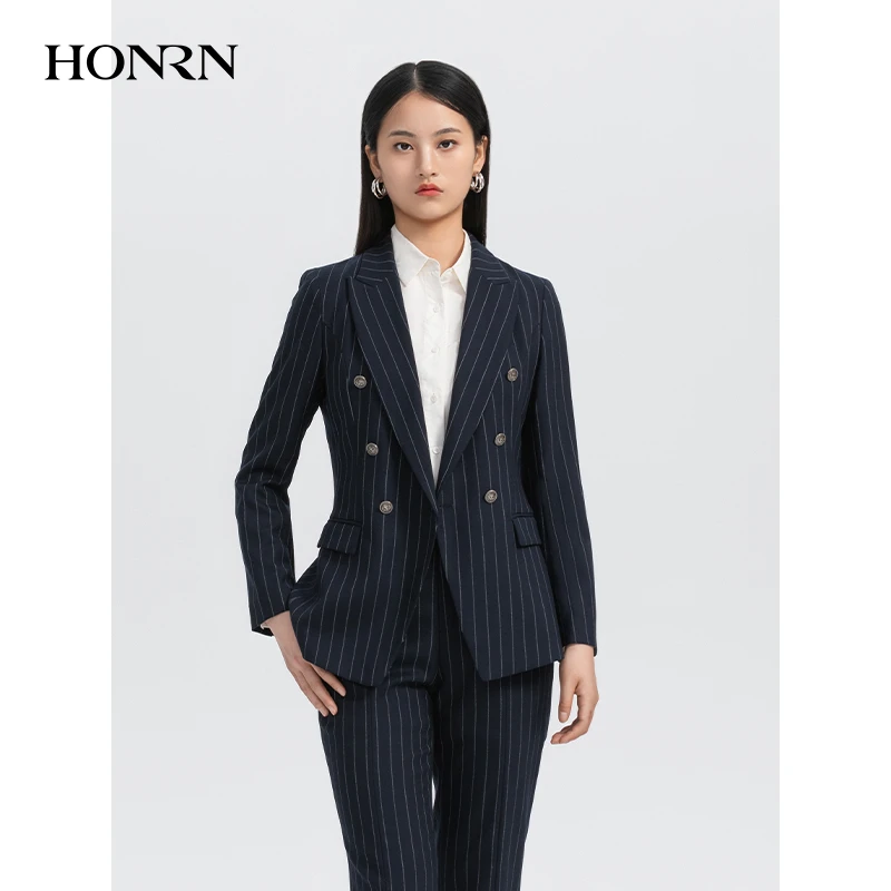 HONRN/红人藏蓝色细条纹双排扣修身休闲西装职业外套秋HH33OS479