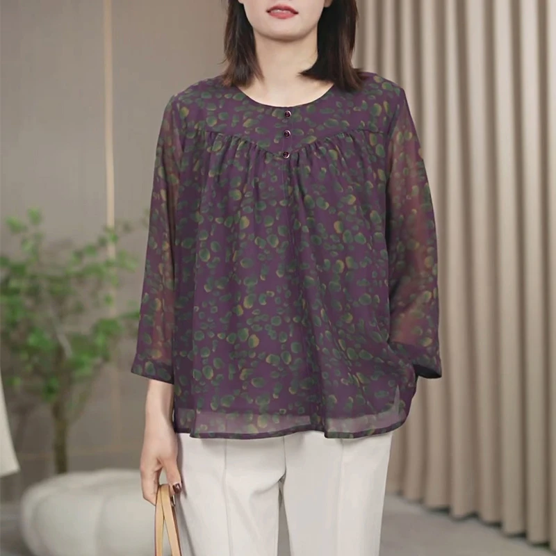 火袖8501简约时尚圆领印花2024新款宽松遮肚子显瘦气质百搭上衣