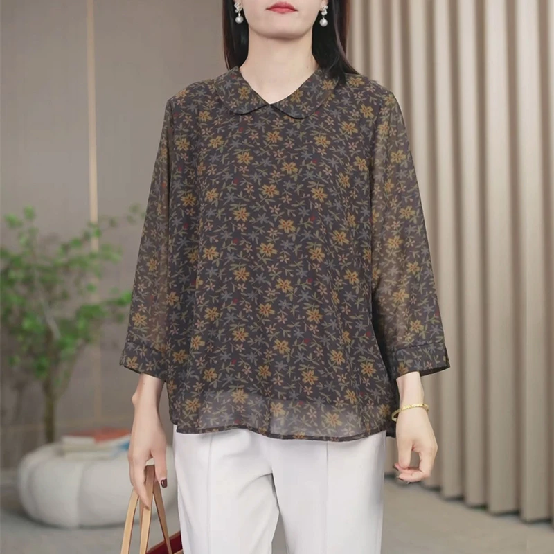 火袖8517时尚新款娃娃领印花宽松显瘦中老年九分袖上衣女